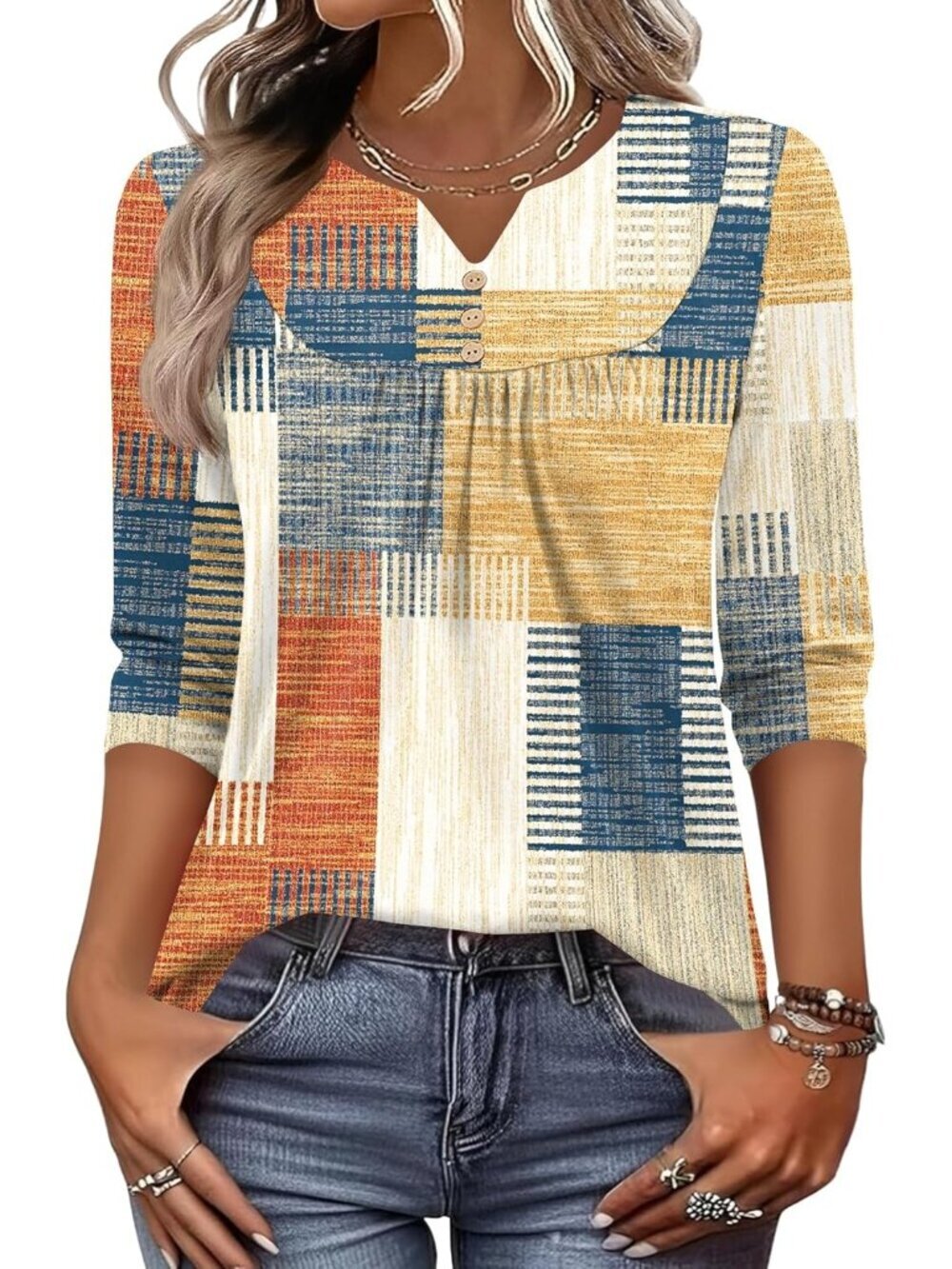 Women's Colorful Plaid Long Sleeve V Neck Casual Henley Blouses Tops T Shirt